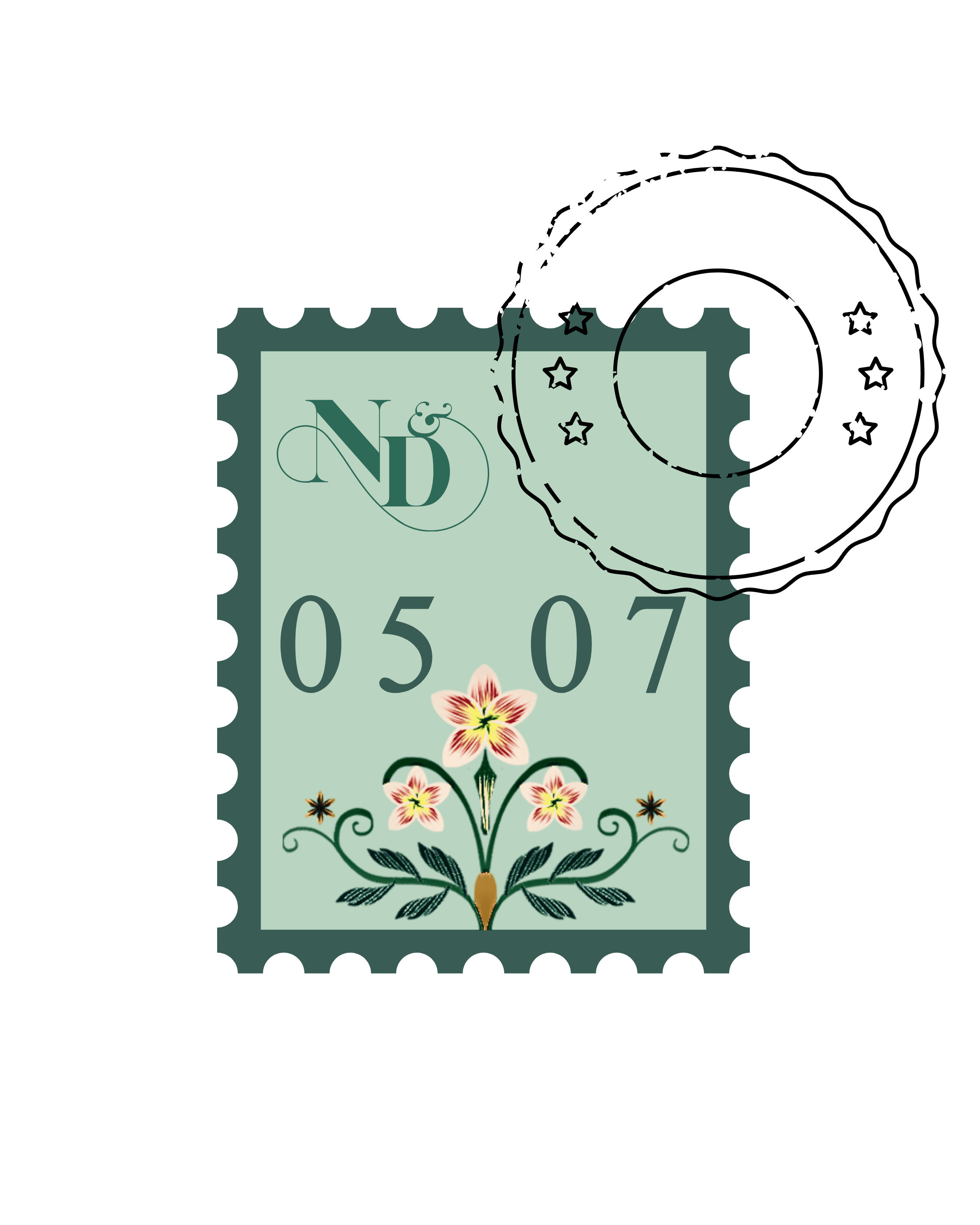 Custom Nikhita & Daniel engagement stamp showing the date 05 / 07